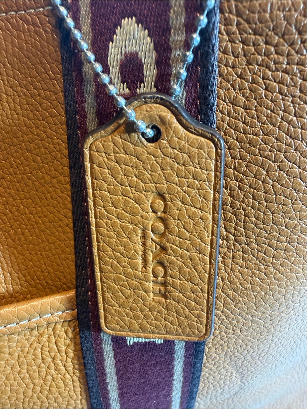 Coach Tan Pebbled Tote with Maroon Canvas Branded Strap - Picture 5 of 15